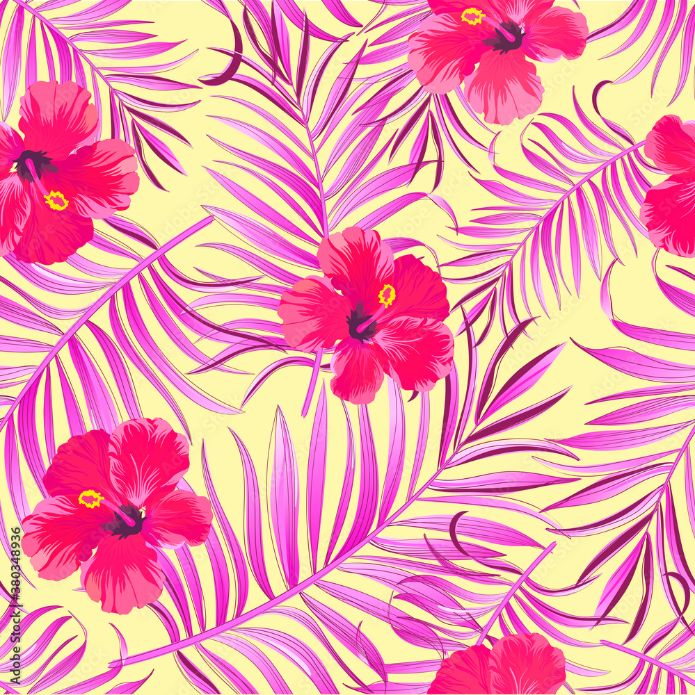 Fototapeta Vector tropical pattern with hibiscus flowers and exotic palm leaves. Trendy summer background. Summer floral illustration.