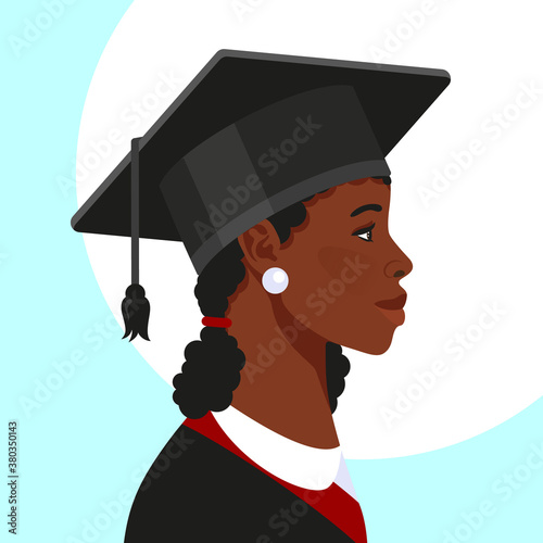 Beautiful African american college girl student, university graduate in graduation cap and gown profile avatar. Vector illustration.