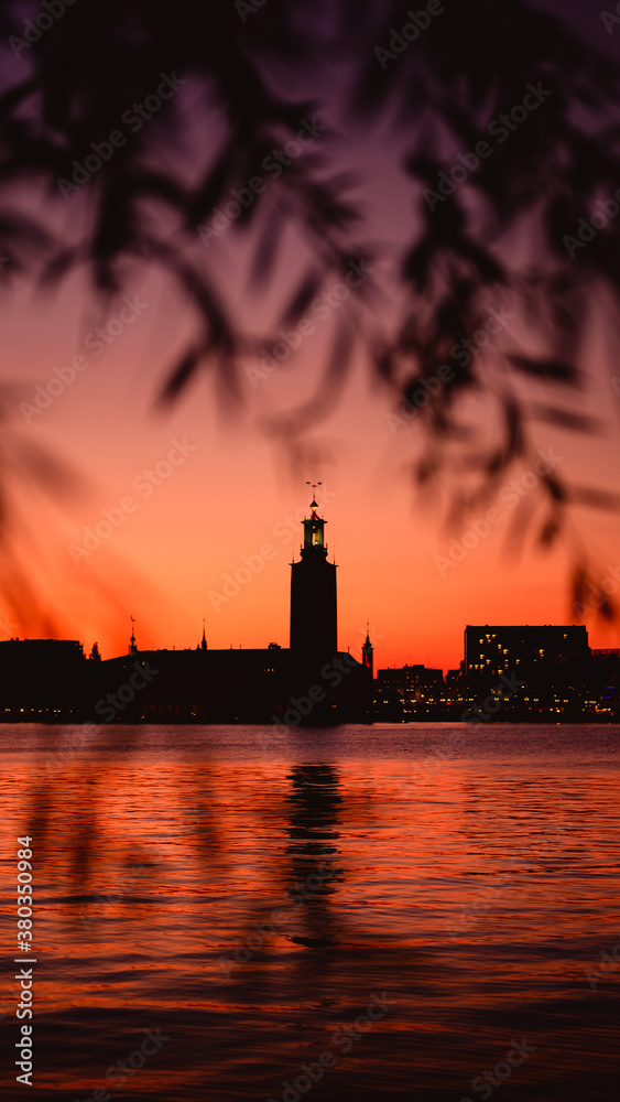 Sunset shilouette of Stockholms city Hall.