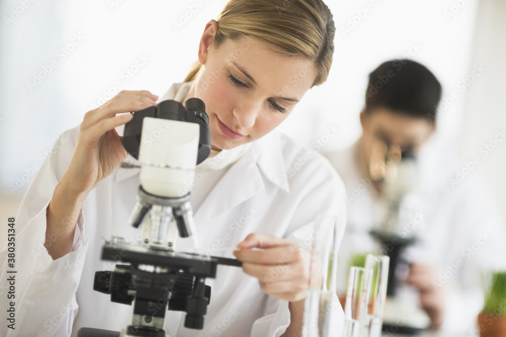 Scientists doing research on microscopes