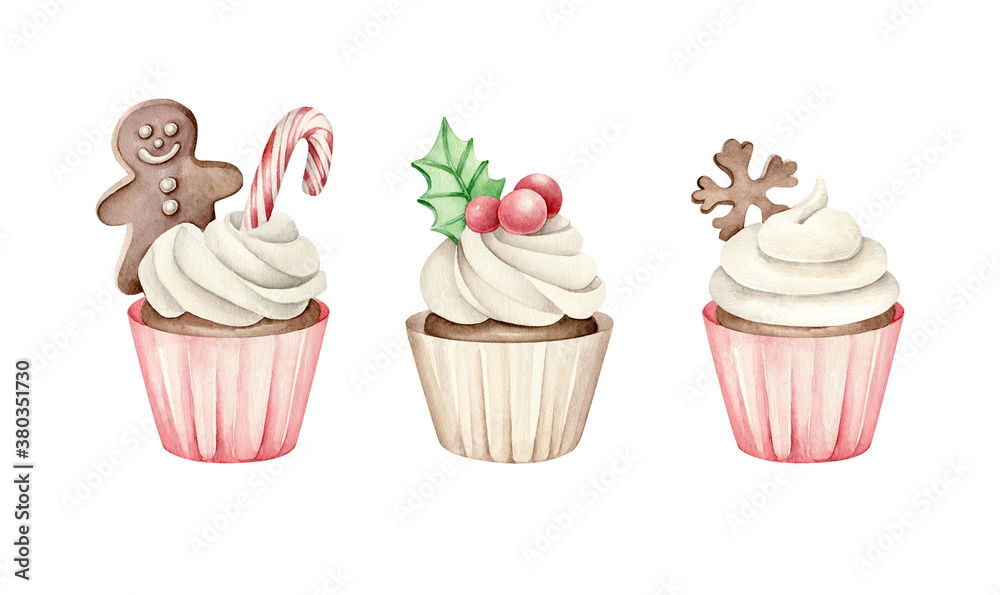 Set of watercolor Christmas cupcakes.New Year cake.Desserts collection.Objects isolated on white Set of watercolor Christmas cupcakes.New Year cake.Desserts collection.Objects isolated on white