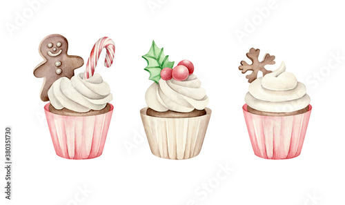 Set of  watercolor Christmas cupcakes.New Year cake.Desserts collection.Objects isolated on white 