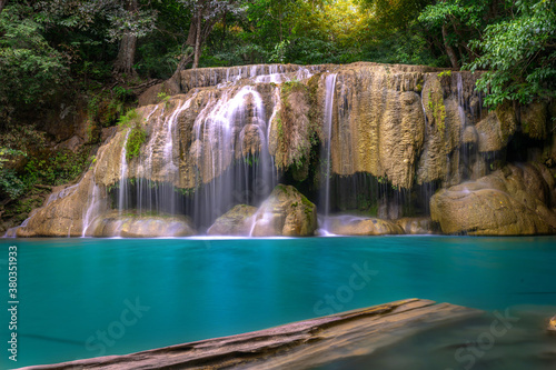 Erawan Waterfall with clear turquoise water at Kanchanaburi  Thailand.