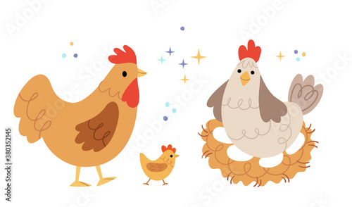 Cartoon farm chickens, rooster and chick. Set.Bundle of chicken.