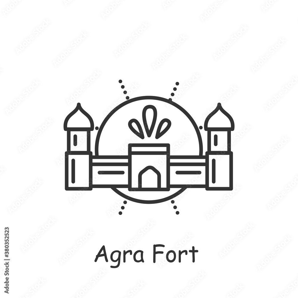  Agra fort line icon. Red majestic stone fortress, Mughal monument. World heritage. Indian landmark. Indian culture, esthetics,traditions and customs.Isolated vector illustration. Editable stroke