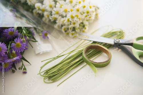 Studio shot of bouquets preparation