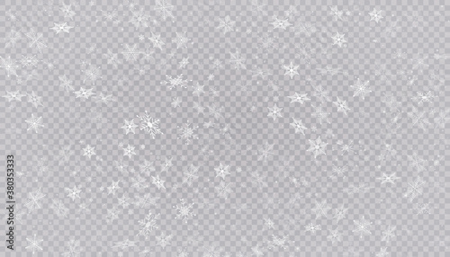 White snow flies on a transparent background. Christmas snowflakes. Winter blizzard background illustration.