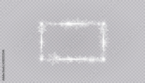 Rectangular winter snow frame border with stars, sparkles and snowflakes on transparent background. Festive christmas banner, new year greeting card, postcard or invitation vector illustration