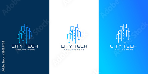 Tech city logo colorful line art style template