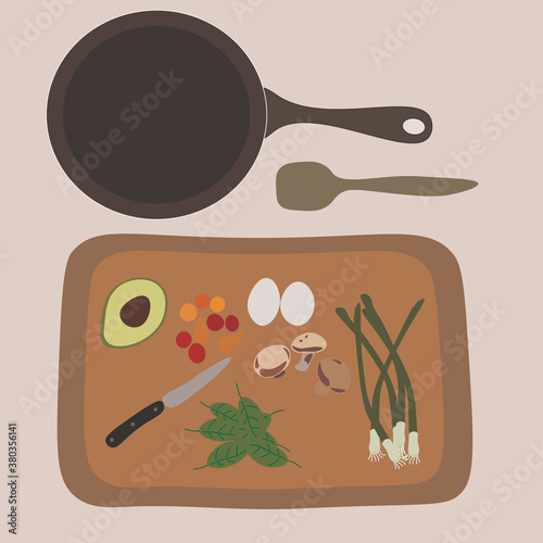 vector of healty Food and cooking banner set with kitchenware utensils, vegetables,tomatos,half of avocado,mushrooms,egg,knife on wooden cutting board.