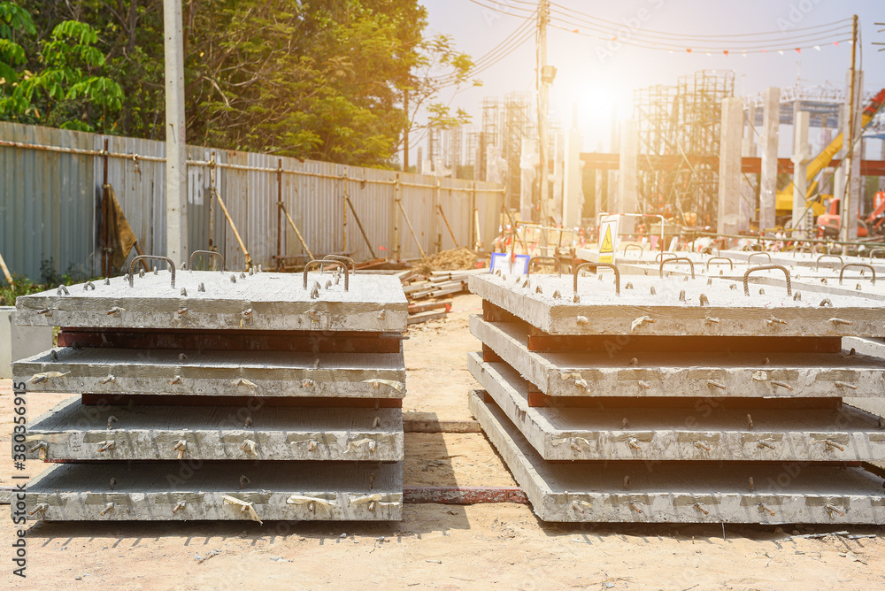 Precast concrete hard slab planks stacked on the construction yard at