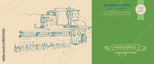 Agribusiness, illustrations with agricultural concept. Agro poster in sketch style, combine harvester in the field, grain harvesting, wheat spikelets. Design for brochures, business cards