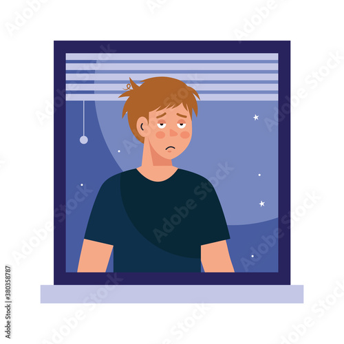 man cartoon with insomnia in window design, sleep and night theme Vector illustration