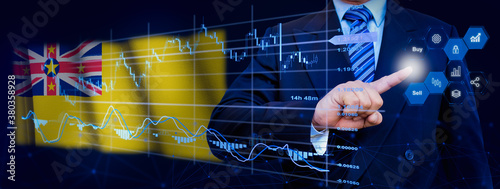 Businessman touching data analytics process system with KPI financial charts, dashboard of stock and marketing on virtual interface. With Niue flag in background.