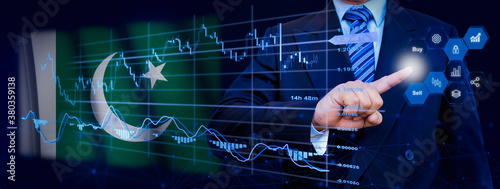 Businessman touching data analytics process system with KPI financial charts, dashboard of stock and marketing on virtual interface. With Pakistan flag in background.