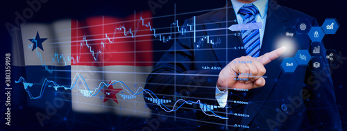 Businessman touching data analytics process system with KPI financial charts, dashboard of stock and marketing on virtual interface. With Panama flag in background.