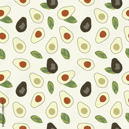 whole avocado and half avocado and seedless avocado and their leaves seamless pattern