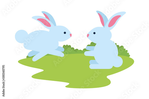 cute rabbits couple in the camp scene characters © Jemastock