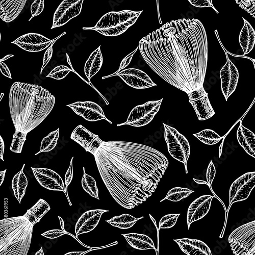 Matcha Tea seamless pattern. Hand drawn tea leaf and chasen vector illustration. Vintage packaging design. Engraved style.