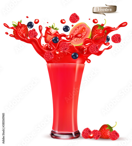 Red berry juice splash. Whole and sliced strawberry, raspberry, cherry blueberry and guava in a sweet juce or syrup with splashes and drops isolated on transparent background. 3D. Vector.