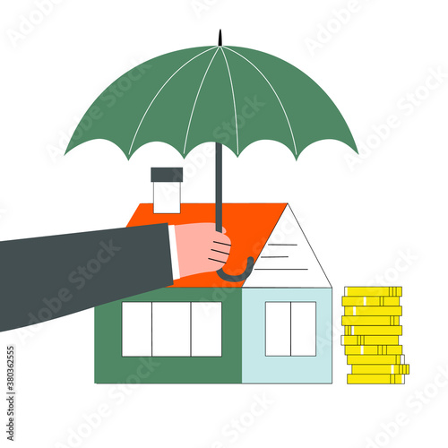Mortgage insurance flat vector isolated concept. Bank loans protection for money service. Businessman hand holds umbrella over a house to keep investment safe from crisis or financial problems.
