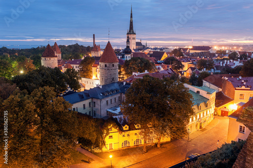 St. Olaf's Church and surrounding cityscape at dusk