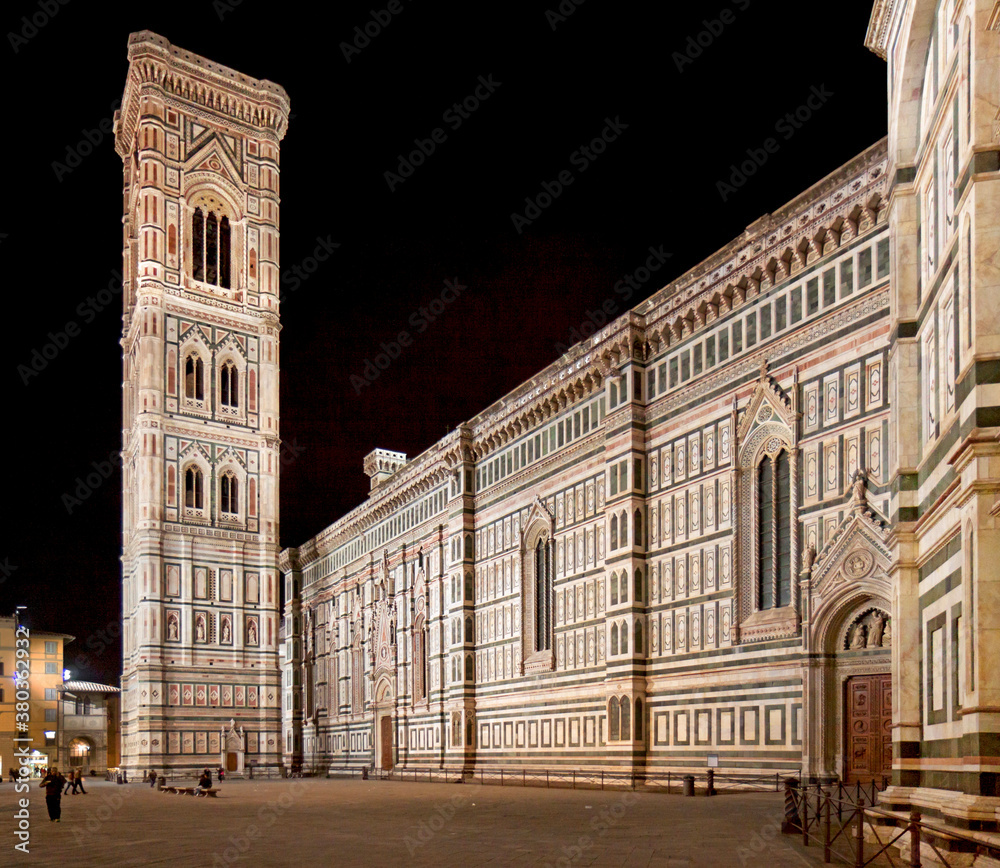Florence, Italy: south side of the Duomo and Campanile at night. 