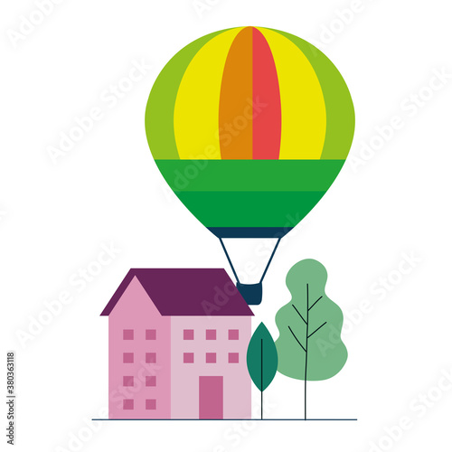 Hot air balloon pink house and trees design of Transportation adventure freedom journey travel up airship and trip theme Vector illustration