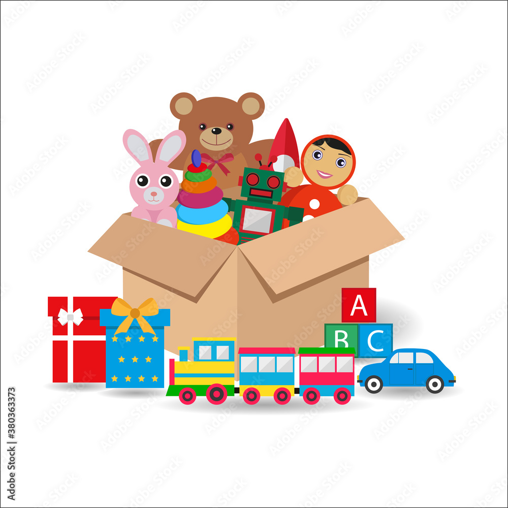 Illustration of cardboard box with toys and gifts with shadow on white background Illustration of cardboard box with toys and gifts with shadow on white background