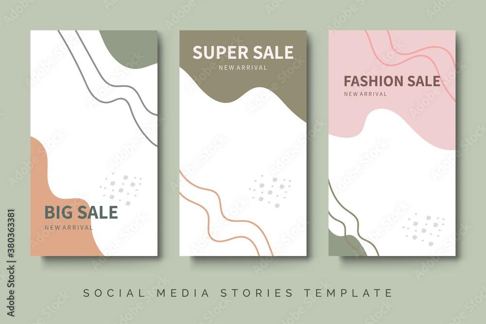 Fashion social media stories backgrounds with abstract geometric design with pink, brown and green colors hand painted shapes and lines. Modern neutral design for flyer, poster, card.