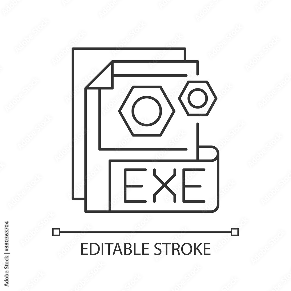 EXE file pixel perfect linear icon. File format. Common filename extension. Software installer. Thin line customizable illustration. Contour symbol. Vector isolated outline drawing. Editable stroke EXE file pixel perfect linear icon. File format. Common filename extension. Software installer. Thin line customizable illustration. Contour symbol. Vector isolated outline drawing. Editable stroke