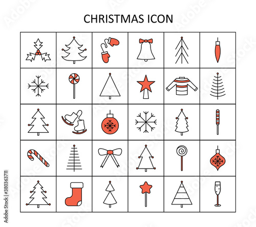 Vector outline icon set with Christmas stuff: tree, toys, candy cane, chapagne, mittens, star, sweater, skates,snowflakes, bow. Red and white silhouette with black line. photo