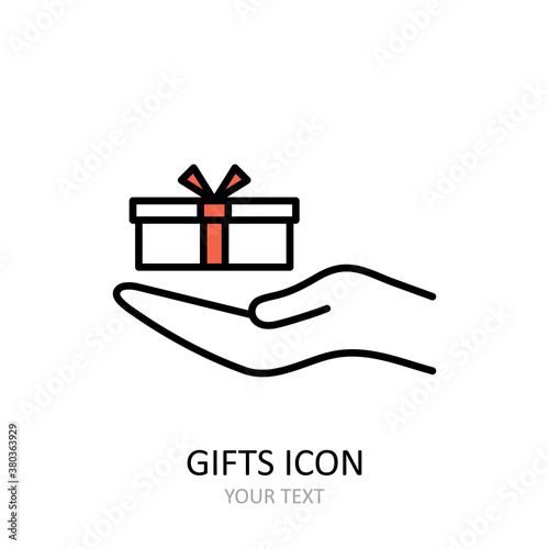 Vector outline icon with gift. White silhouette with black line. Art can be used for celebrating card - bithdays, Christmas, Happy New Year. photo