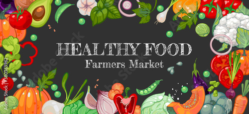 Organic healthy food of farmers market. Vegetarian food banner. Bright juicy garden vegetables on a chalkboard or dark background. A new crop of tomatoes, bell peppers, cabbage, onions, avocados