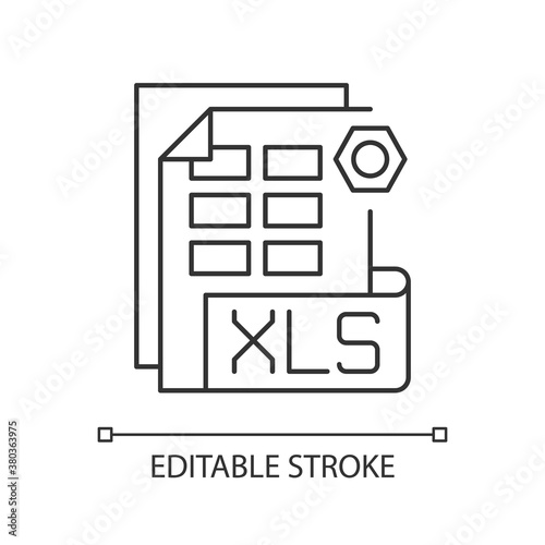 XLS file pixel perfect linear icon. Binary file format. Spreadsheet programs. XLSX. Thin line customizable illustration. Contour symbol. Vector isolated outline drawing. Editable stroke