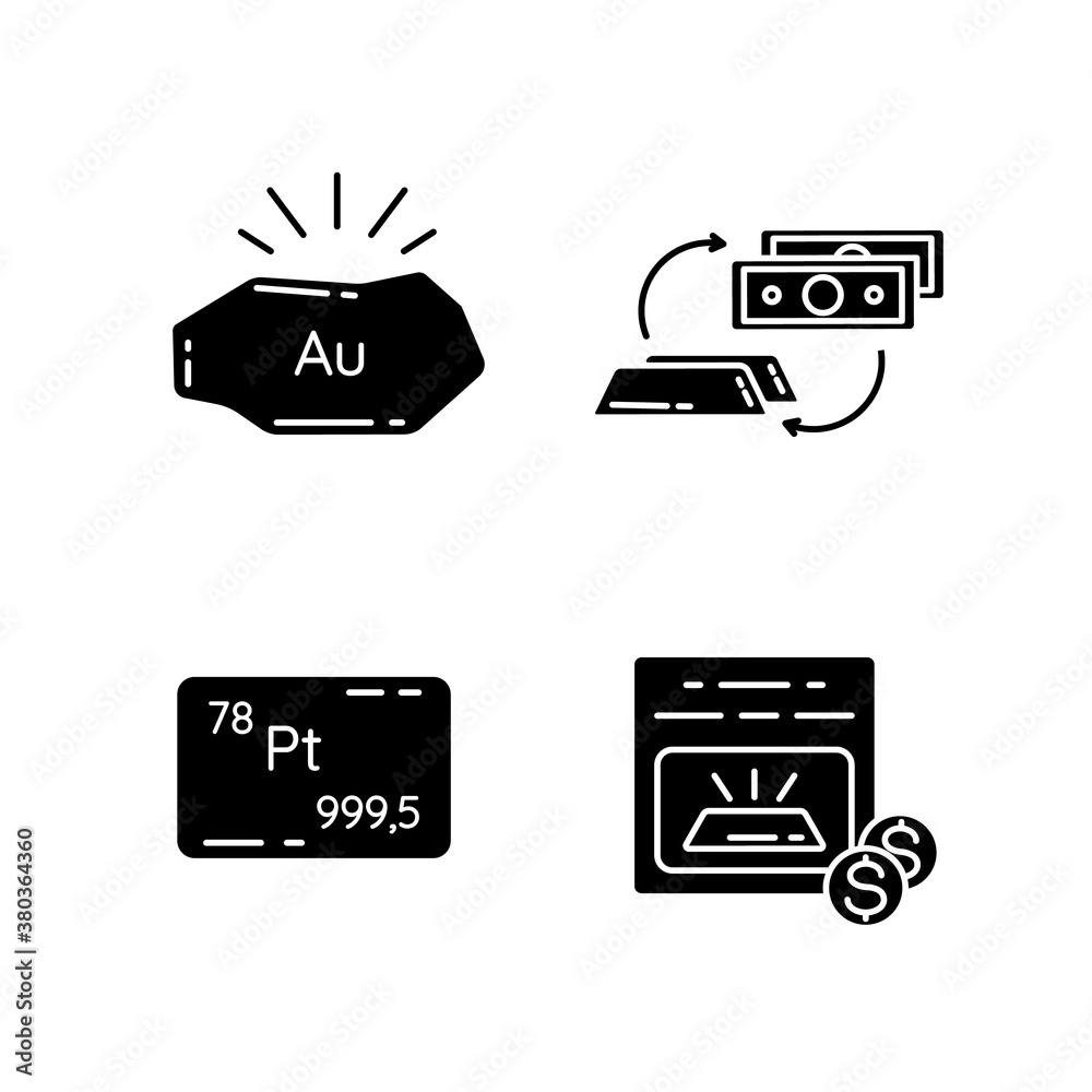 Income from metal trade black glyph icons set on white space. Golden nugget. Platinum bullion. Unallocated bank account. Business investment. Silhouette symbols. Vector isolated illustration Income from metal trade black glyph icons set on white space. Golden nugget. Platinum bullion. Unallocated bank account. Business investment. Silhouette symbols. Vector isolated illustration