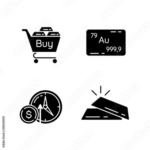 Precious metals trade black glyph icons set on white space. Buy golden and silver bullion. Industrial commodity. Gold and platinum bar. Silhouette symbols. Vector isolated illustration