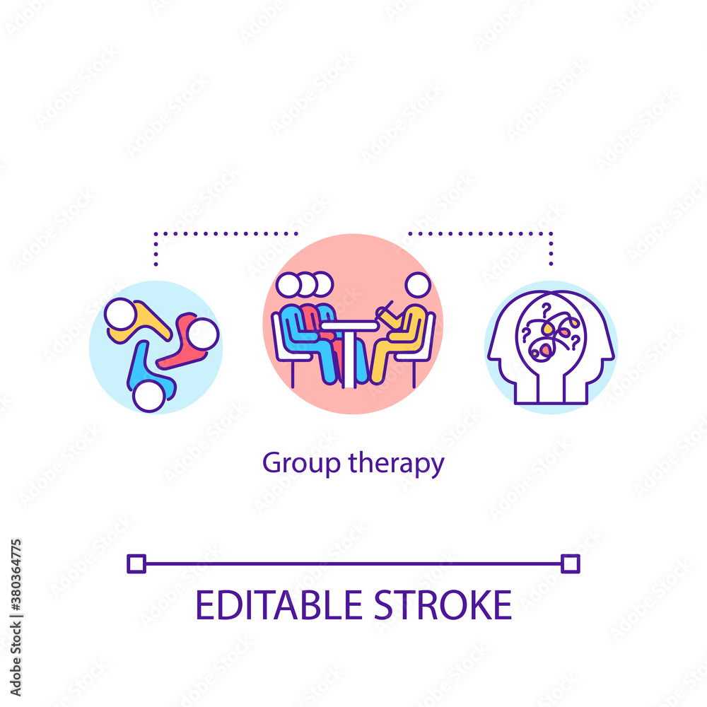 Group therapy concept icon. Collective psychoanalysis, support groups idea thin line illustration. Psychologist counseling multiple patients. Vector isolated outline RGB color drawing. Editable stroke