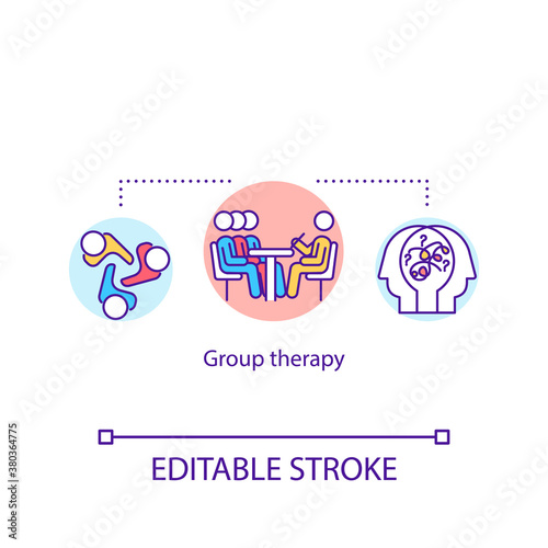 Group therapy concept icon. Collective psychoanalysis, support groups idea thin line illustration. Psychologist counseling multiple patients. Vector isolated outline RGB color drawing. Editable stroke