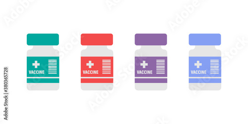 Vaccine concept. Glass vials for liquid medicine. Laboratory equipment for dispensing fluid medicine. Vector illustration