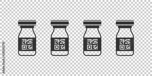 Vials with vaccine. Linear icons on transparent background. Medical vials with QR- code. Vector illustration