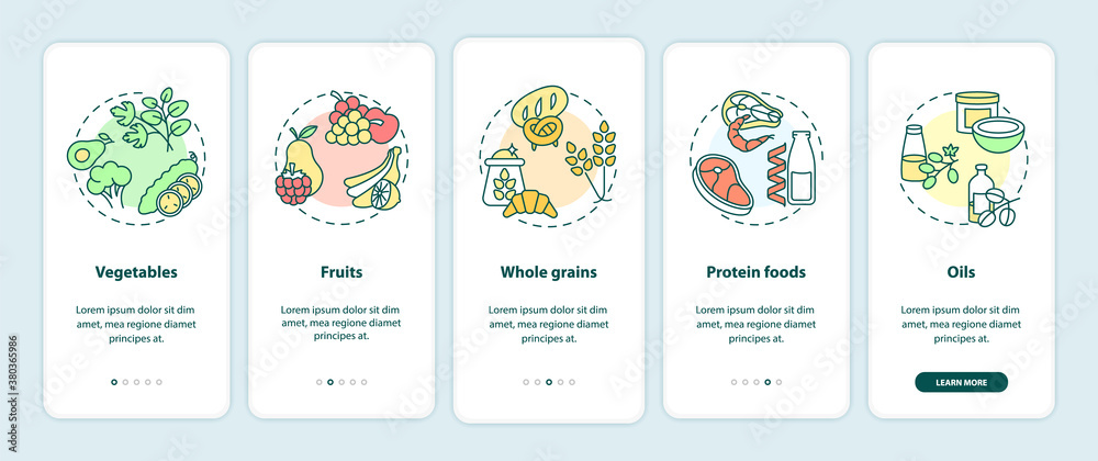 Vegetarian diet components onboarding mobile app page screen with concepts. Organic meal ingredients ideas walkthrough 5 steps graphic instructions. UI vector template with RGB color illustration