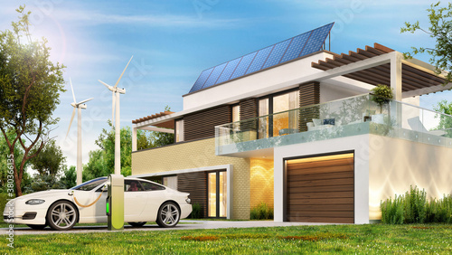 Ecological house with solar panels, wind turbines and electric car