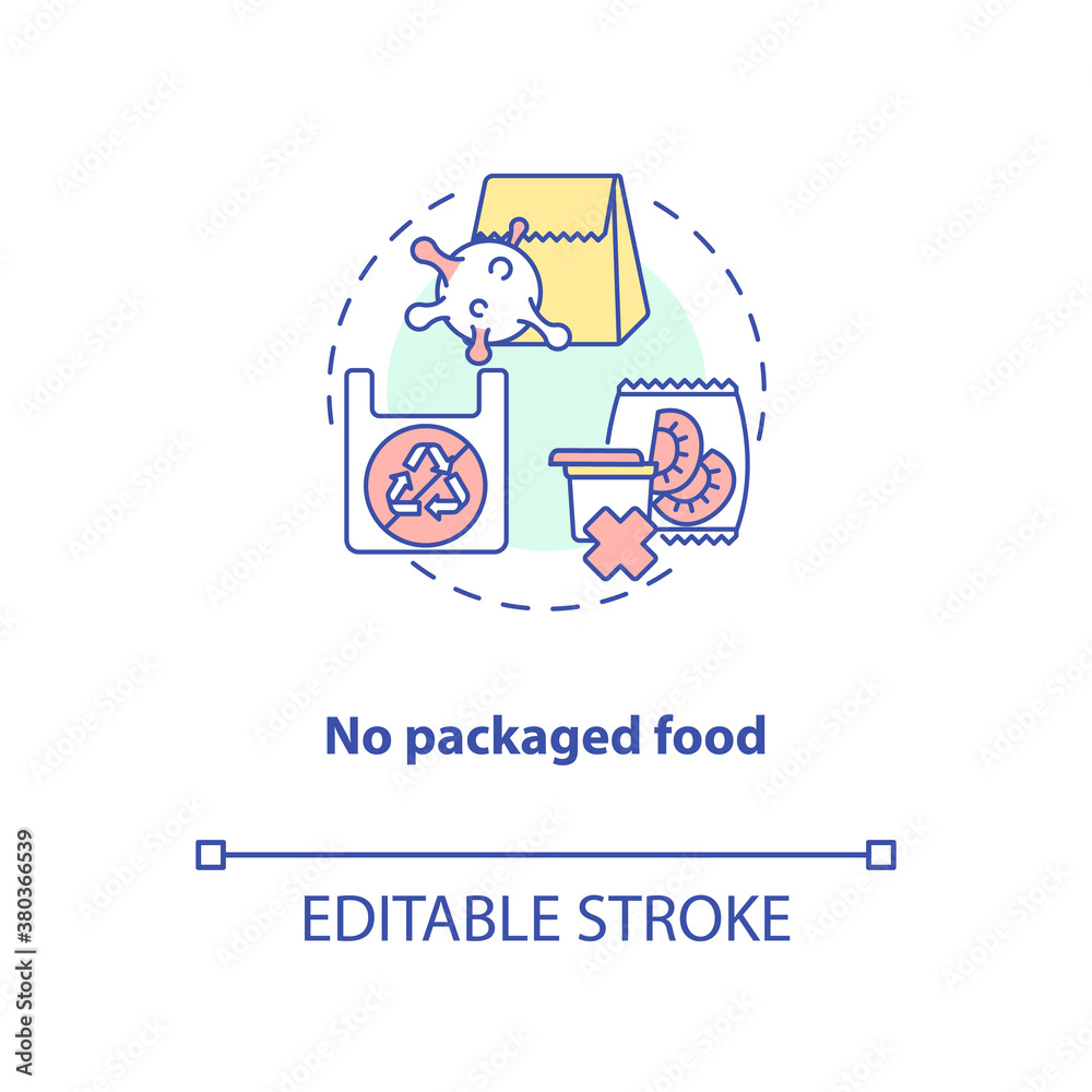 No packaged food concept icon. Environment polution. Healthy foods ideas. Vegan meals. Sustainable diet idea thin line illustration. Vector isolated outline RGB color drawing. Editable stroke No packaged food concept icon. Environment polution. Healthy foods ideas. Vegan meals. Sustainable diet idea thin line illustration. Vector isolated outline RGB color drawing. Editable stroke