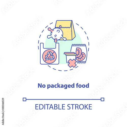 No packaged food concept icon. Environment polution. Healthy foods ideas. Vegan meals. Sustainable diet idea thin line illustration. Vector isolated outline RGB color drawing. Editable stroke
