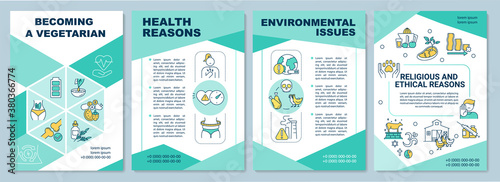 Becoming vegeterian brochure template. Organic meals eating. Flyer, booklet, leaflet print, cover design with linear icons. Vector layouts for magazines, annual reports, advertising posters