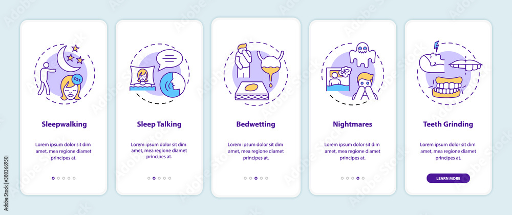 Sleep problems onboarding mobile app page screen with concepts. Healthcare issue. Sleep disorders walkthrough 5 steps graphic instructions. UI vector template with RGB color illustrations