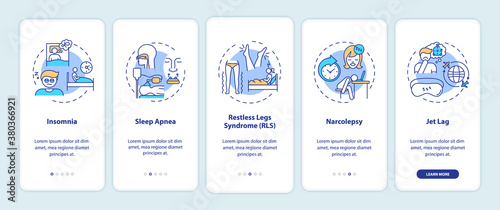 Sleep disorder types onboarding mobile app page screen with concepts. Problem with nighttime rest walkthrough 5 steps graphic instructions. UI vector template with RGB color illustrations