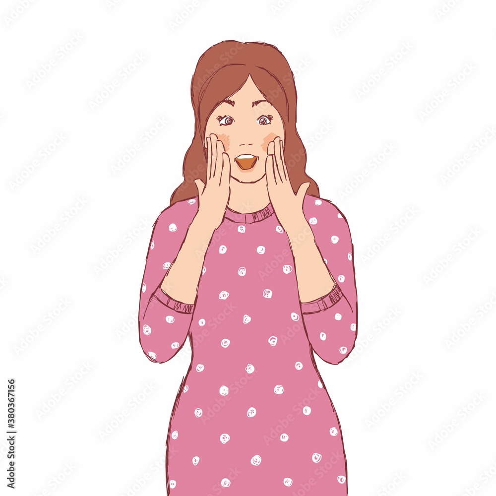 Woman surprised, hands near the face, hand-drawn. Woman surprised, hands near the face, hand-drawn.