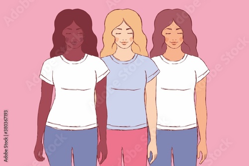 Three women of different nationalities standing next to each other. African, asian, european women. Beauty salon image. Fashion illustration, hand-drawn, vector. International woman's day.